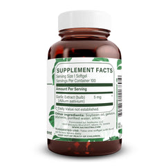 Amber glass bottle containing odorless garlic oil softgels