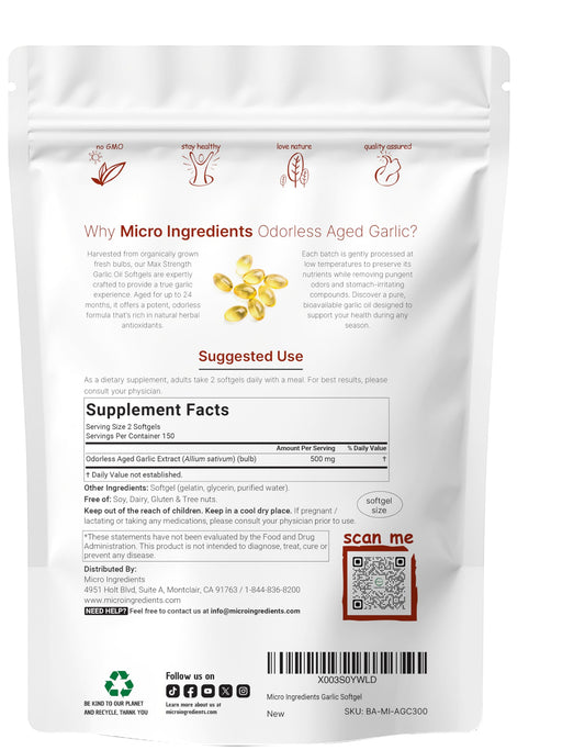 Close-up of odorless garlic softgels in bottle