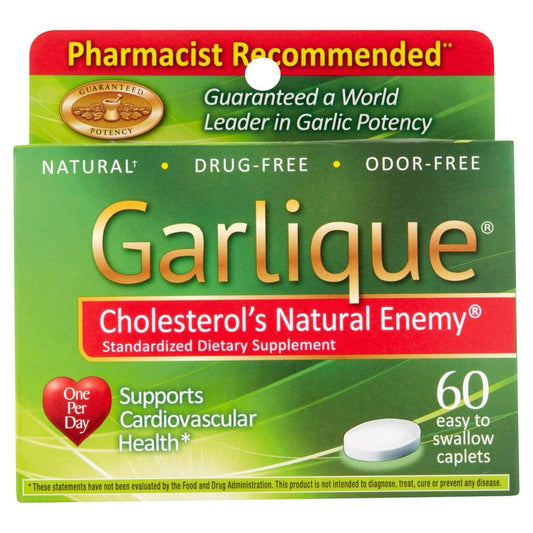 Garlique Healthy Cholesterol Formula caplets: 60 enteric-coated tablets in a pack of 3, odor-free and easy to swallow.