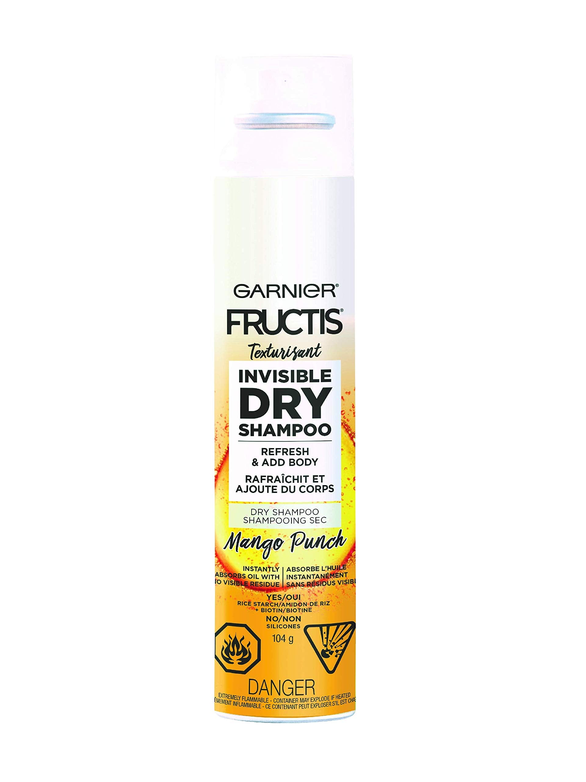 Garnier Fructis Mango Punch dry shampoo spray delivers even application.