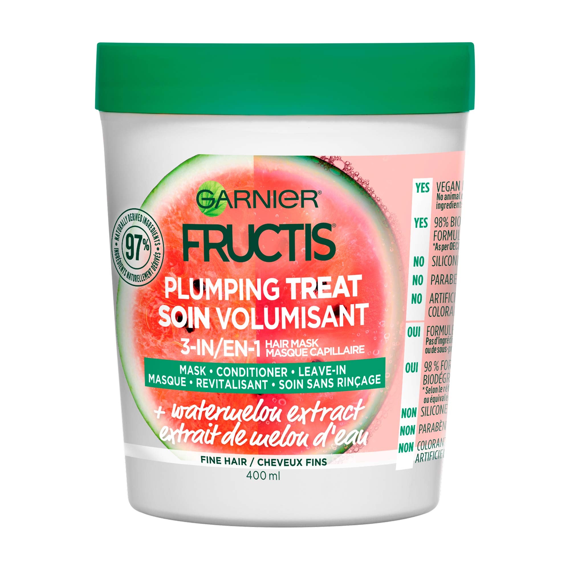 Garnier Fructis Plumping Treat 3-in-1 Watermelon Mask bottle with packaging for fine hair hydration