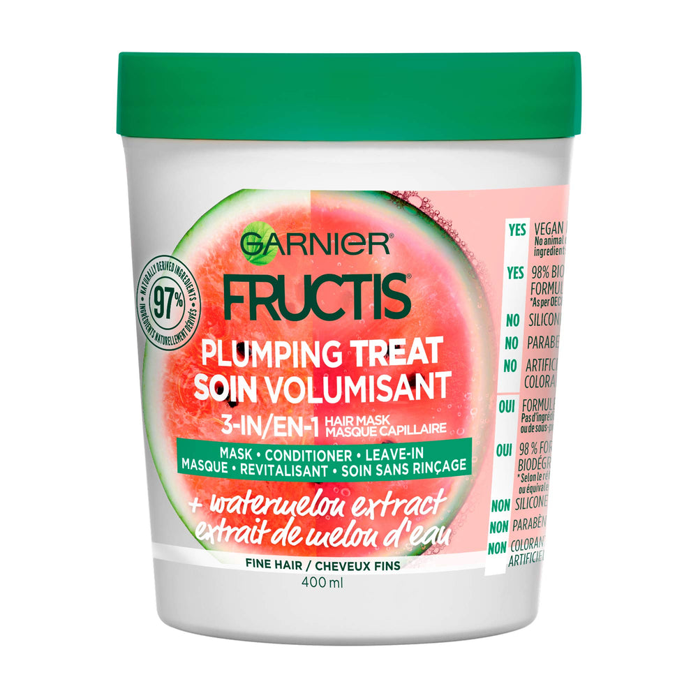 Garnier Fructis Plumping Treat 3-in-1 Watermelon Mask bottle with packaging for fine hair hydration