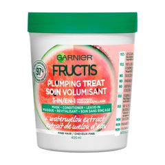 Garnier Fructis Plumping Treat 3-in-1 Watermelon Mask bottle with packaging for fine hair hydration