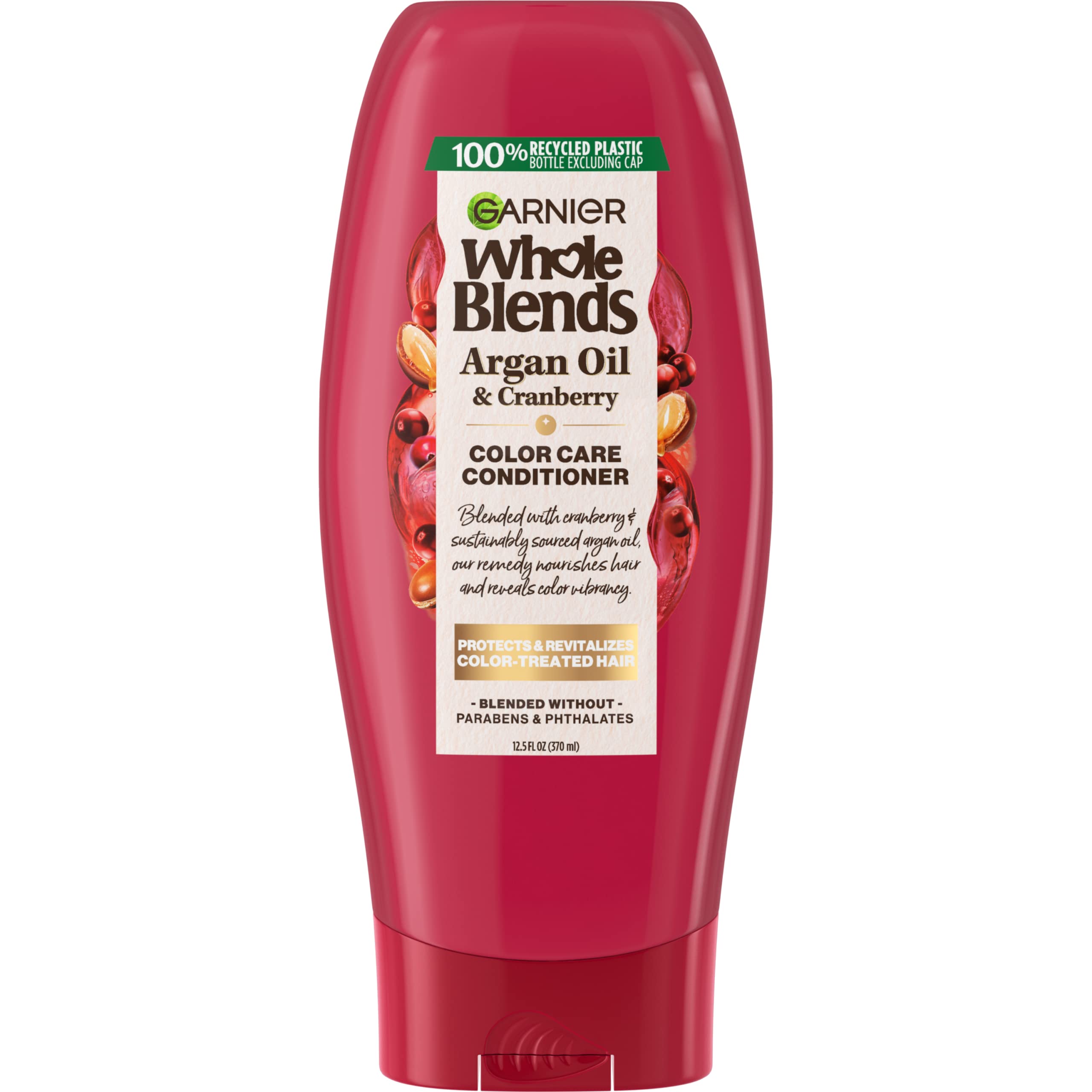 Garnier Whole Blends conditioner bottle with argan oil for color protection and shine.