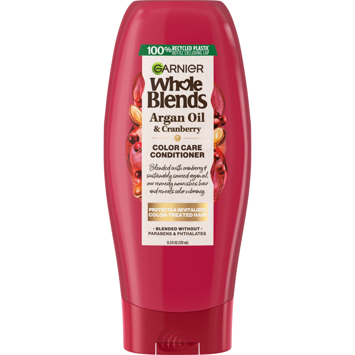Garnier Whole Blends conditioner bottle with argan oil for color protection and shine.