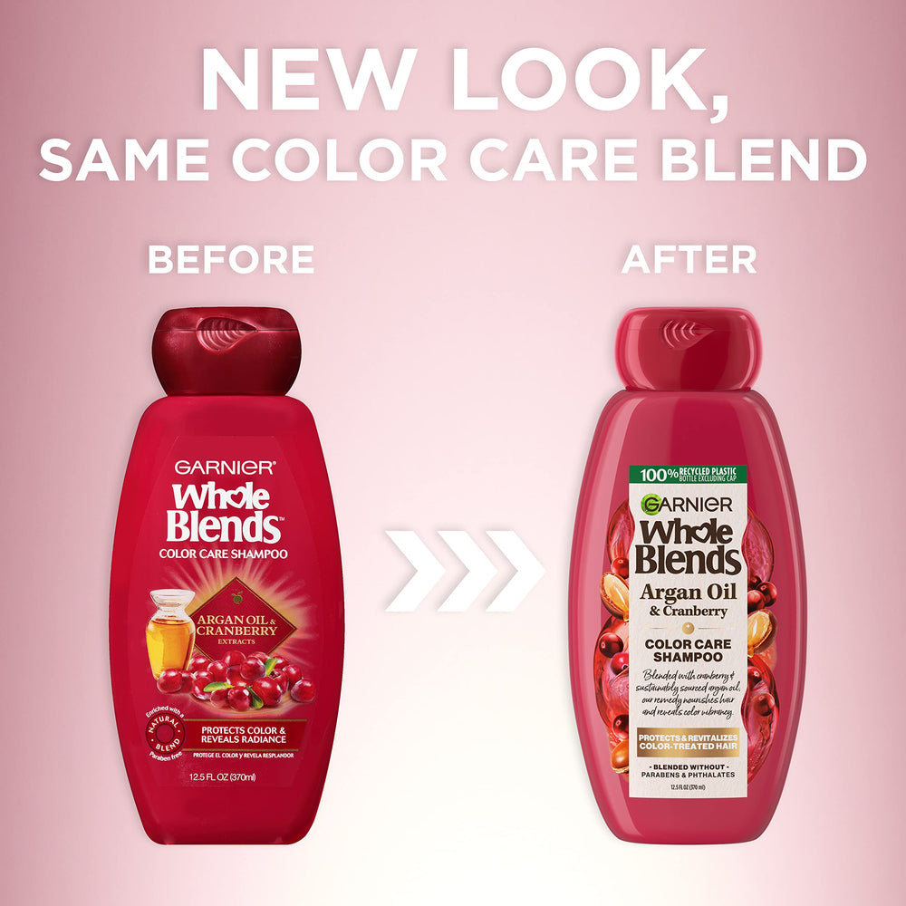 Garnier Whole Blends conditioner leaves hair smooth and shiny, suggesting color protection.