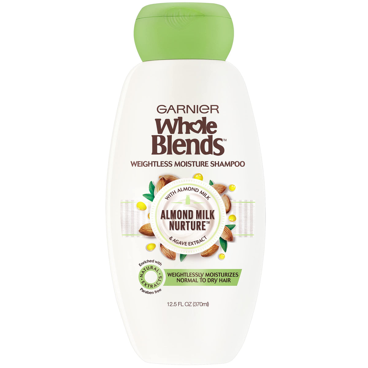 Garnier Whole Blends almond milk shampoo bottle close-up highlighting hydrating formula