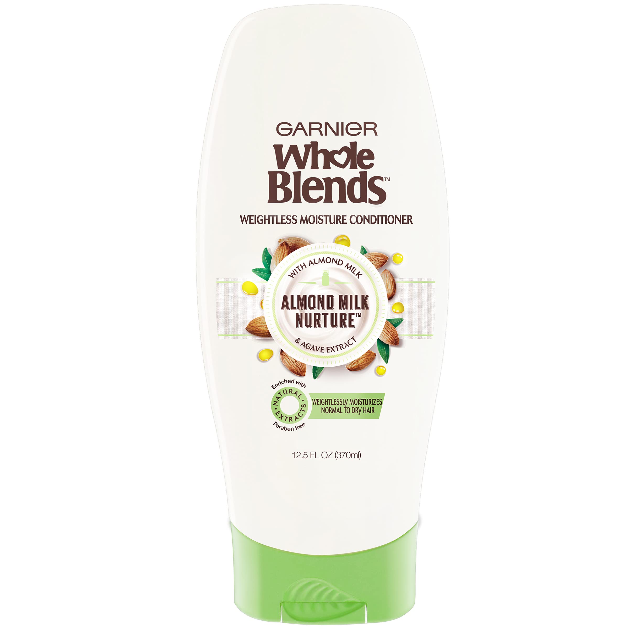Garnier Whole Blends almond milk bottle front highlights weightless moisture for normal to dry hair.