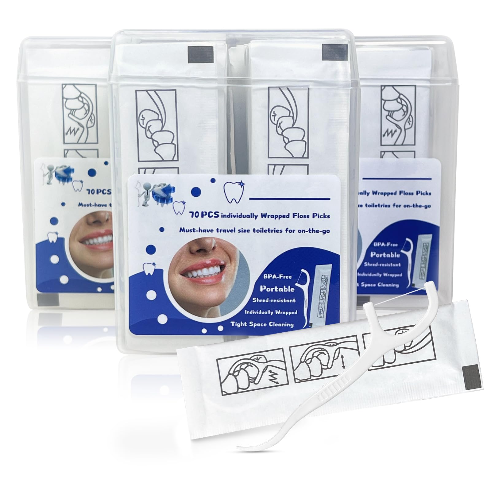 Individually wrapped floss picks in recycled paper packaging for on-the-go use