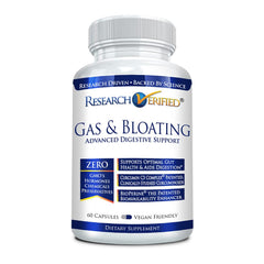 Gas and Bloating capsules bottle with Research Verified label