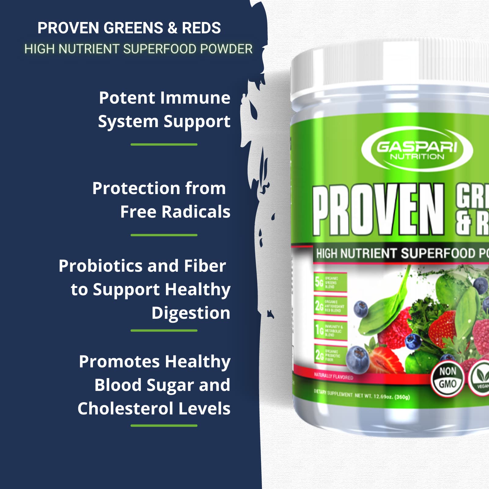 Close-up of Gaspari Greens & Reds powder with scoop