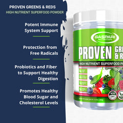 Close-up of Gaspari Greens & Reds powder with scoop