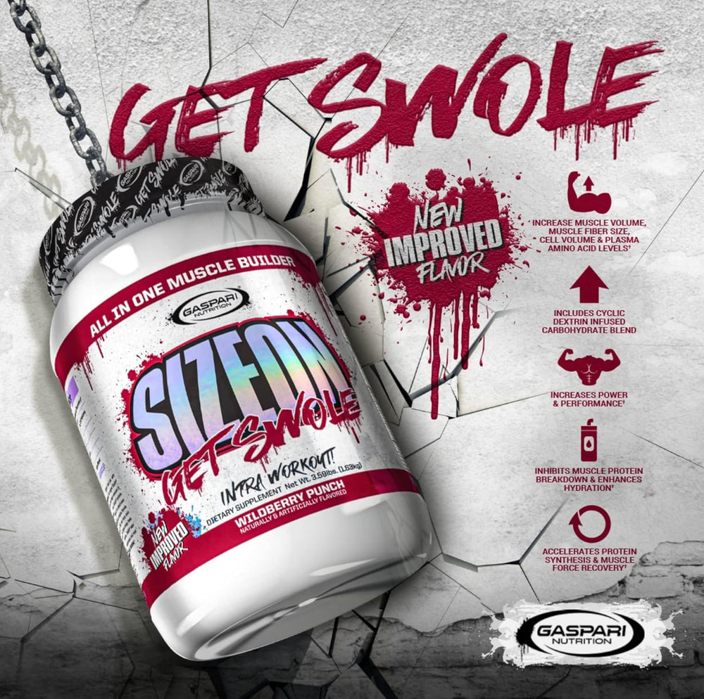 Gaspari SizeOn bottle label close-up emphasizing amino acid and creatine blend.