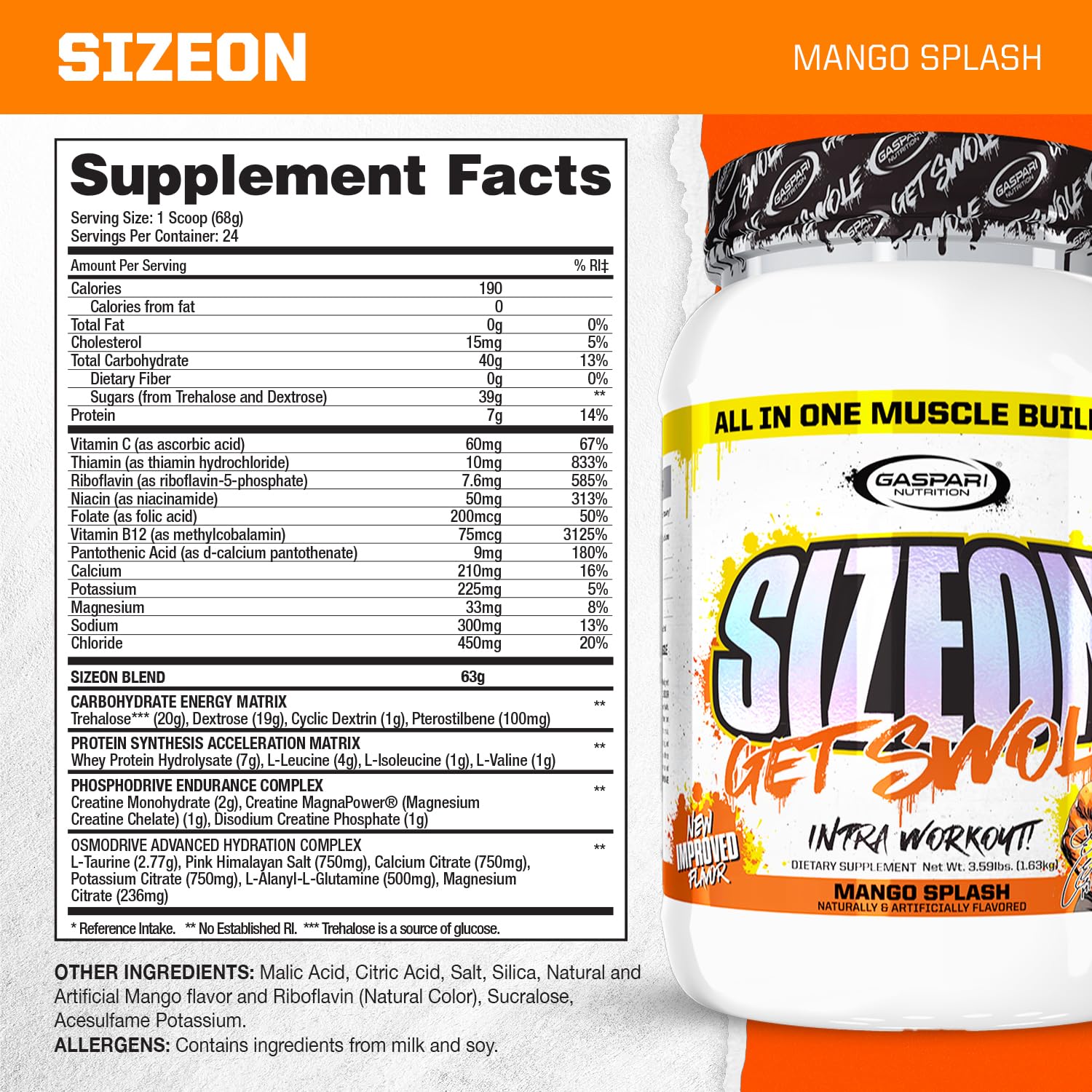 Gaspari SizeOn Mango Splash 3.59 lb tub – back label