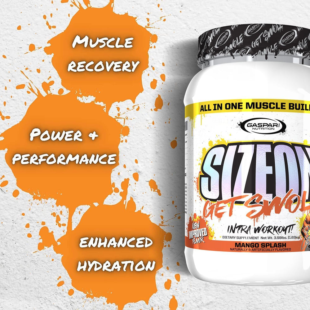 Gaspari SizeOn Mango Splash container-front shows premium formula and packaging