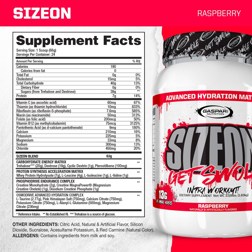 Close-up of Gaspari SizeOn Raspberry label