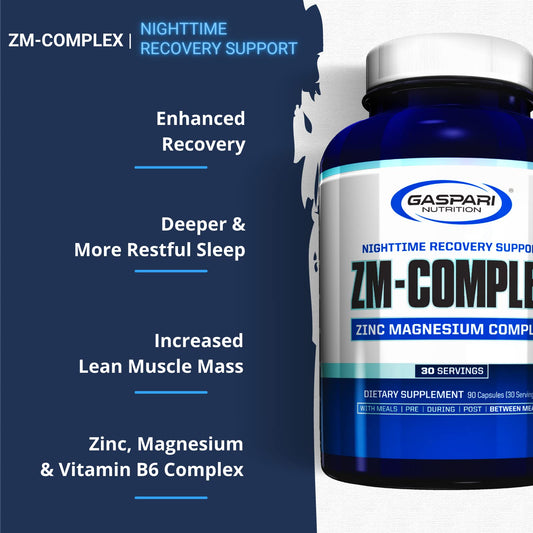 Close-up of Gaspari ZM-Complex bottle and 90 capsules