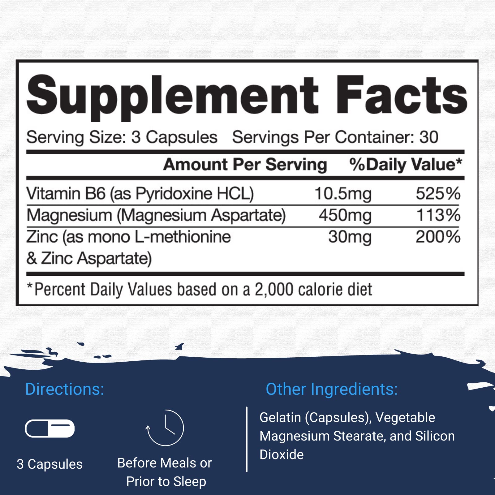 ZM-Complex supplement facts panel highlighting zinc, magnesium, B6