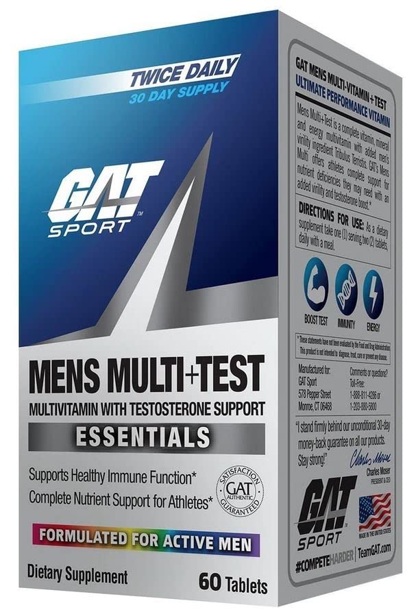 Active man taking supplements with GAT SPORT bottle nearby