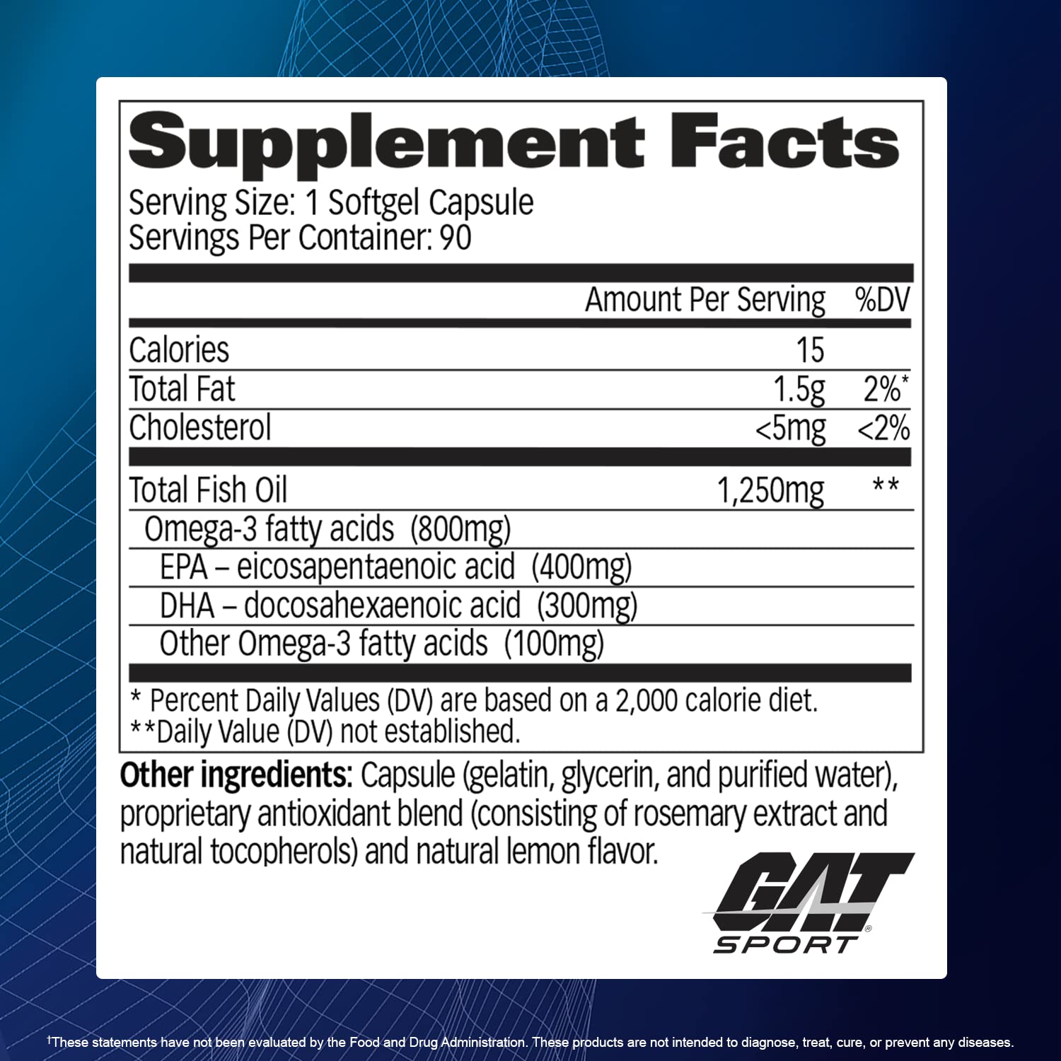 Label highlights 800mg Omega-3 and 1,250mg Fish Oil per serving