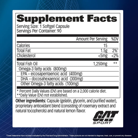 Label highlights 800mg Omega-3 and 1,250mg Fish Oil per serving