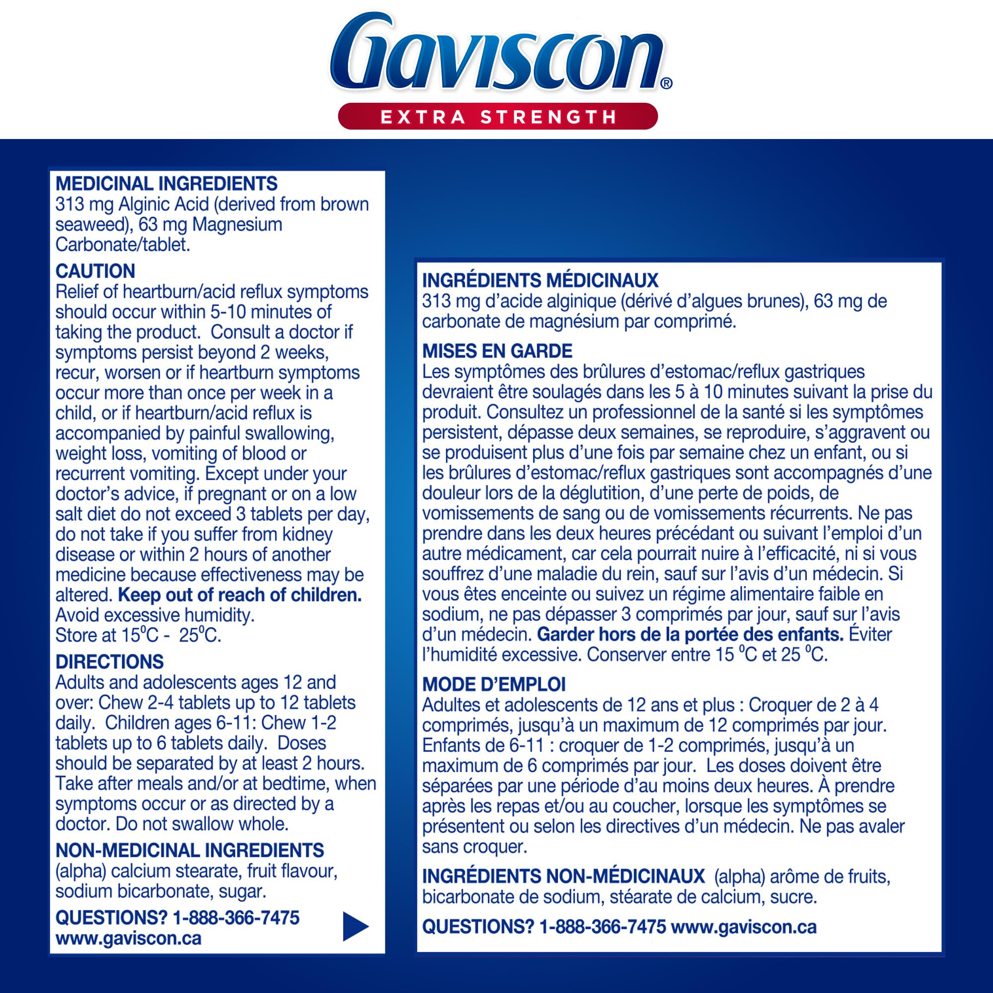 Gaviscon 60-count fruit-antacid bottle shown for day and night relief