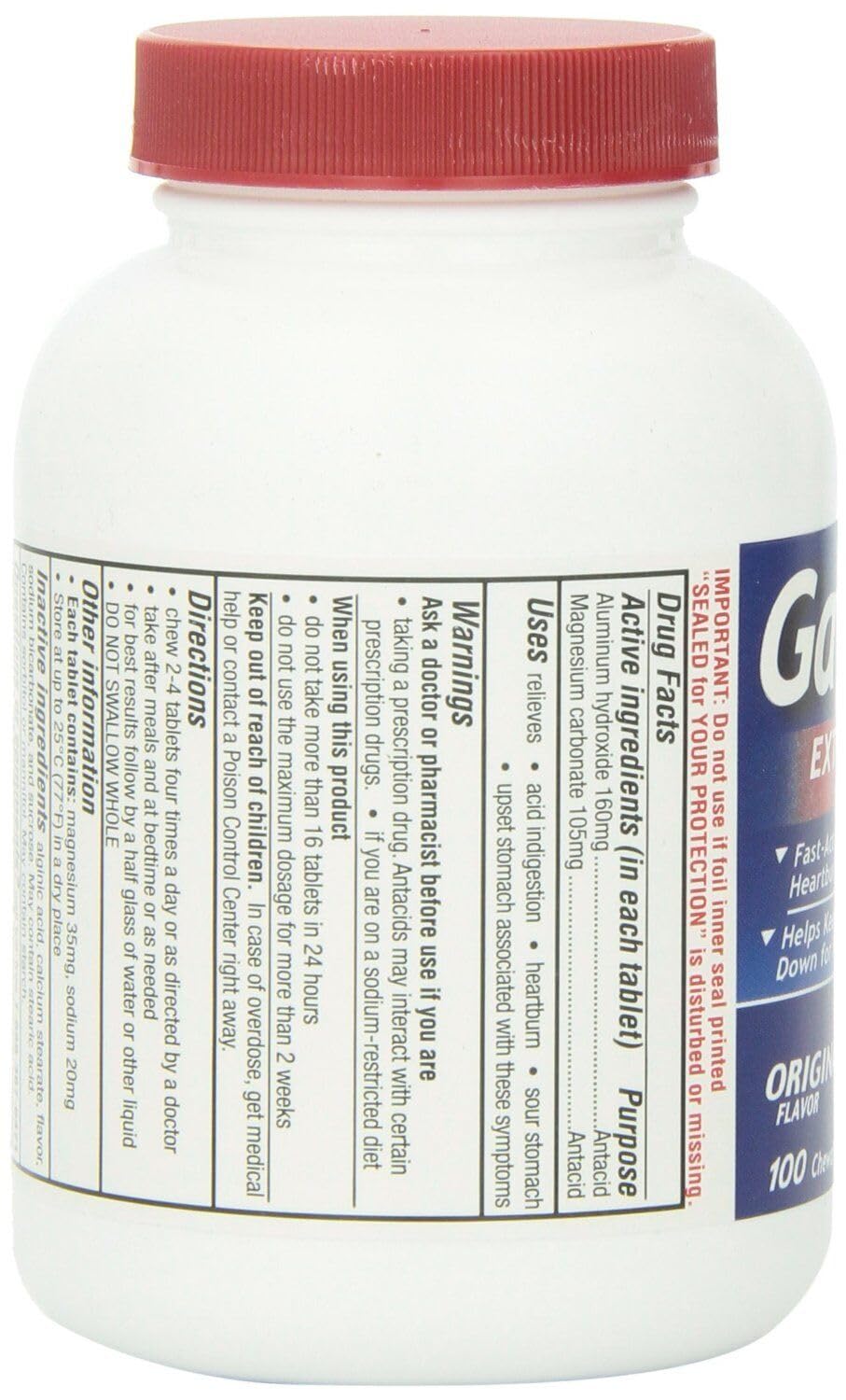 Gaviscon bottle label detail highlights original flavor and extra-strength formula for fast access.