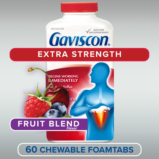 Gaviscon extra-strength fruit antacid tablets blister pack close-up for quick chews