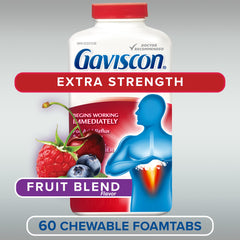 Gaviscon extra-strength fruit antacid tablets blister pack close-up for quick chews