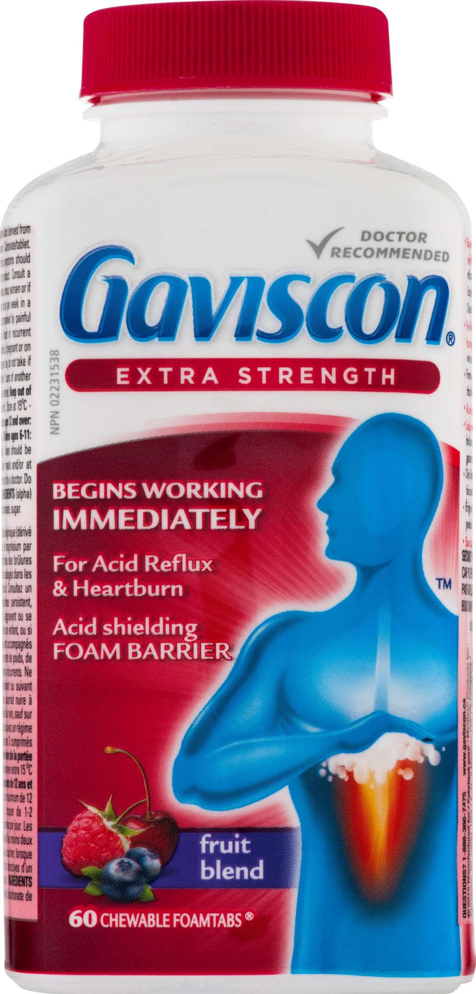 Gaviscon extra-strength fruit antacid tablets packaging on shelf for on-the-go relief