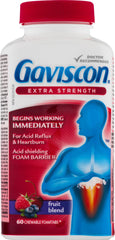 Gaviscon extra-strength fruit antacid tablets packaging on shelf for on-the-go relief