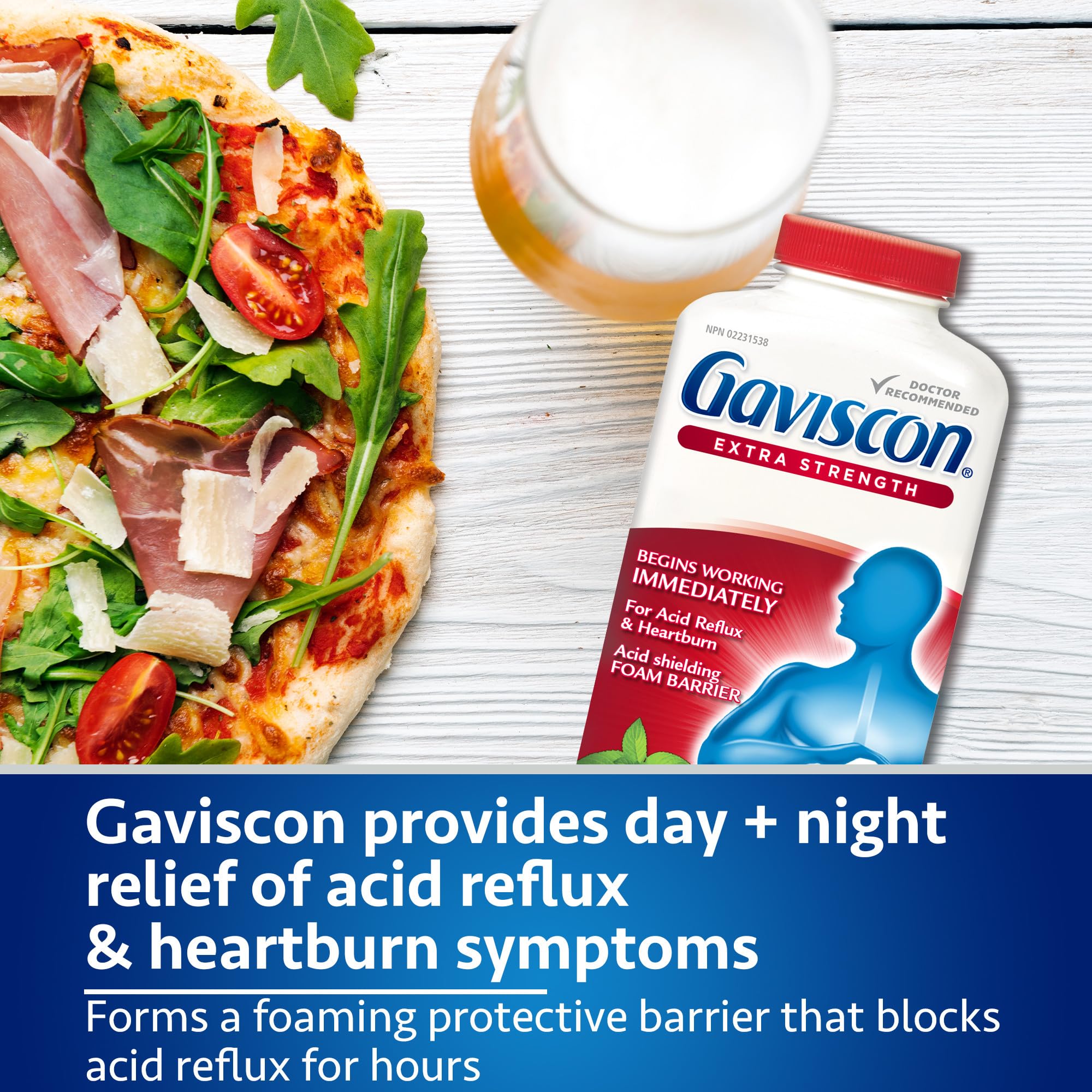 Gaviscon Peppermint free from aluminum lactose gluten label.