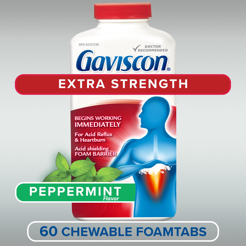 Gaviscon Extra Strength Peppermint tablet closeup highlights chewable relief.