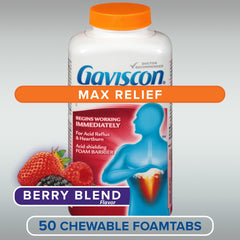 Gaviscon Max Berry 50-count pack highlighted for daily use.