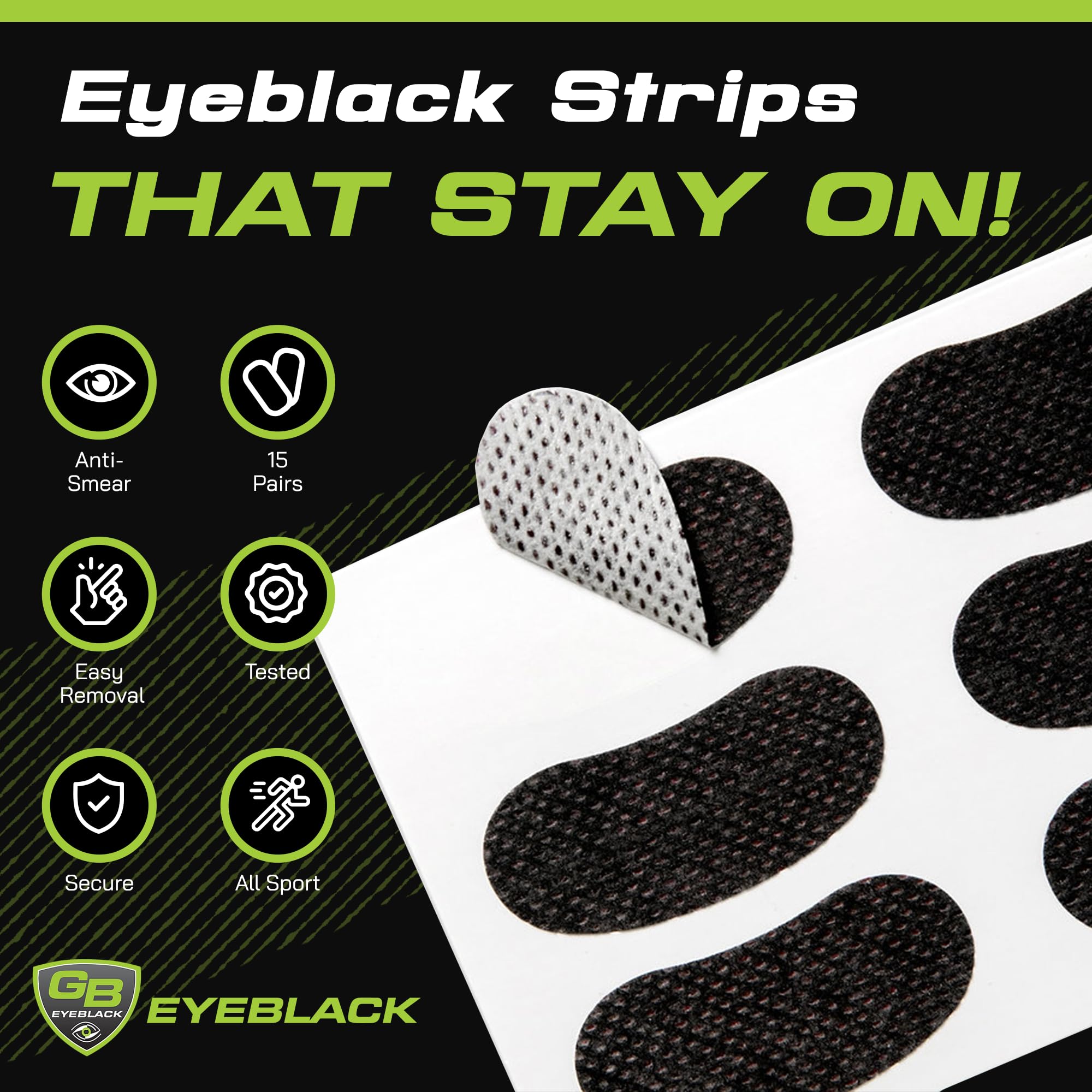 GB Eyeblack peel-and-stick eye black strips for mess-free wear.