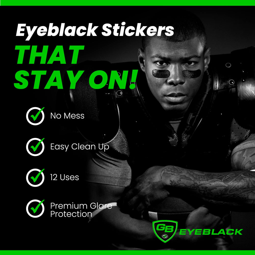 GB Eyeblack purple camo stickers demonstrated as anti-smear, mess-free eye protection