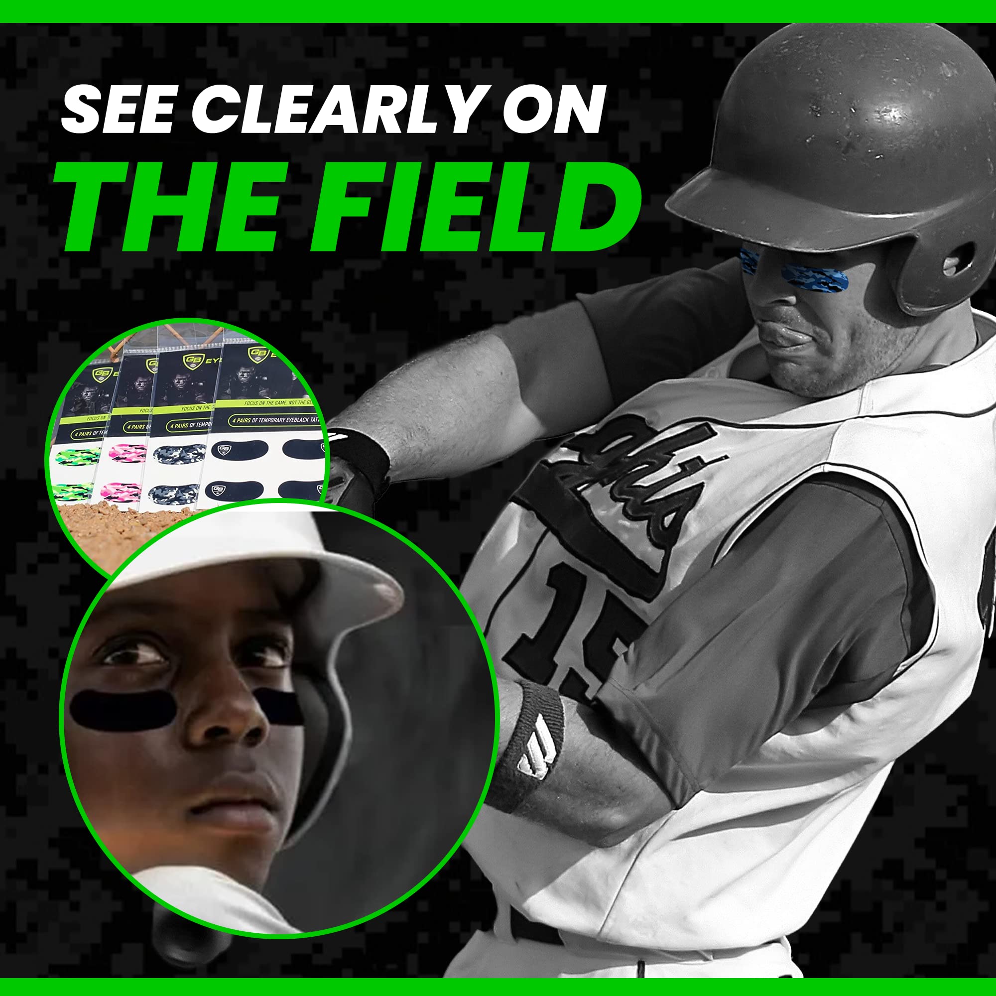 GB Eyeblack purple camo eye black stickers applied to skin for glare reduction during activity