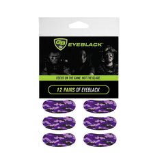 GB Eyeblack purple camo stickers pack front view showing 12 pairs for glare protection during outdoor sports