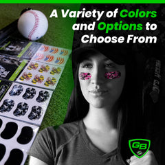 GB Eyeblack purple camo sticker pack showcasing multiple pairs for several games