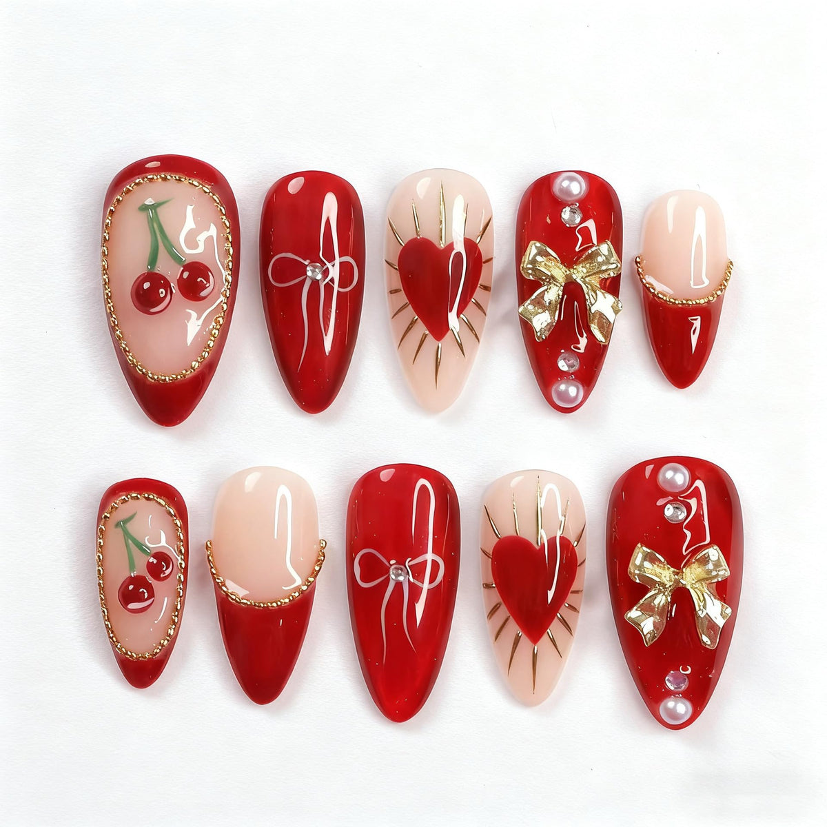 GCSQW red heart almond press-on nails with glossy finish for at-home manicure.