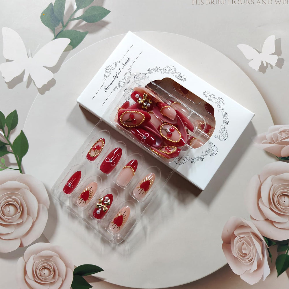 GCSQW red nails with heart rose pattern for romantic occasions.