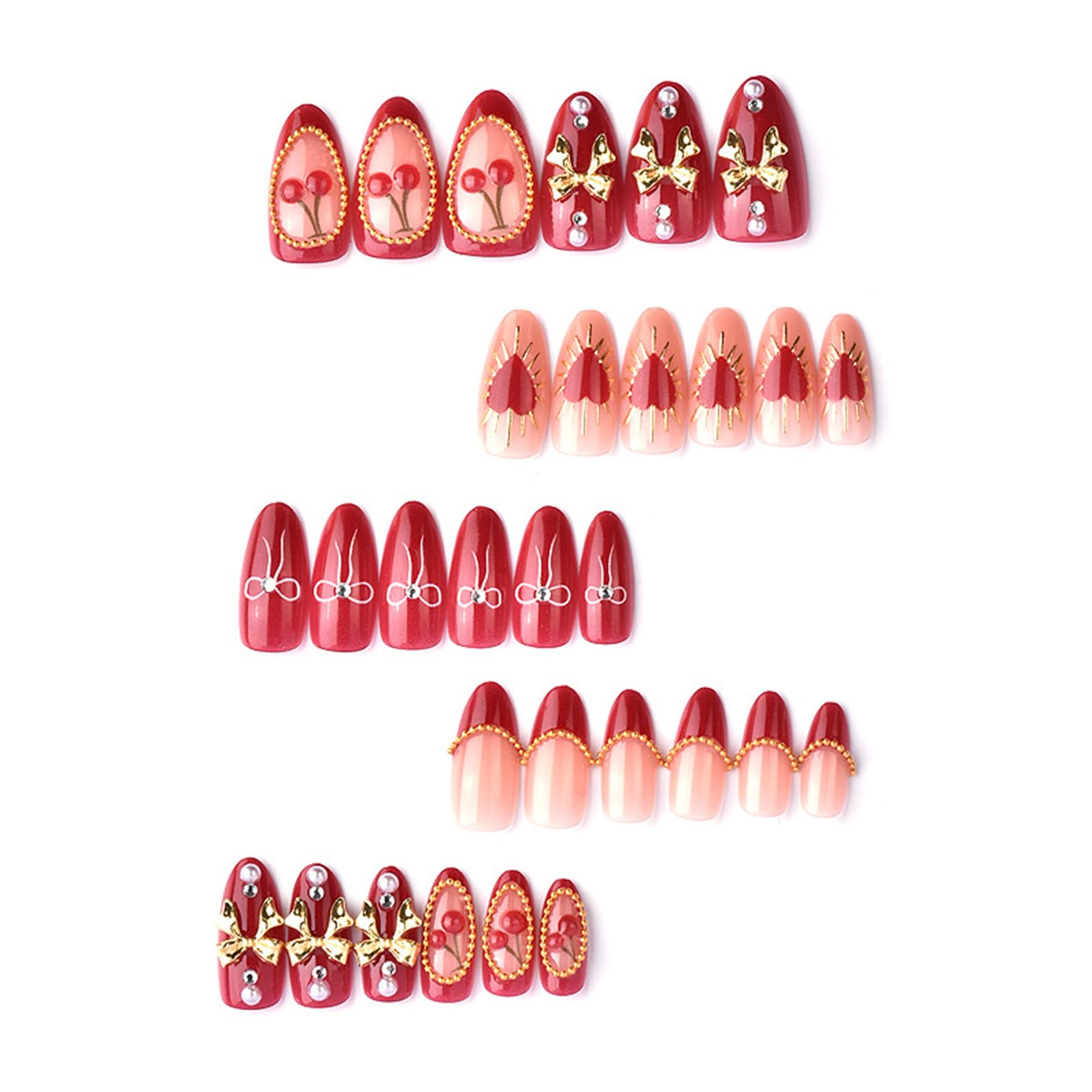GCSQW Valentines nails with gold bow charms for chic party looks.