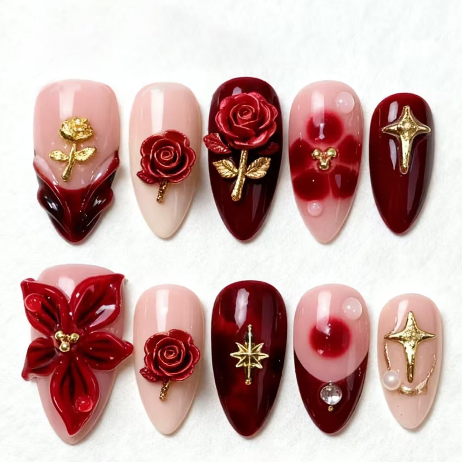 GCSQW valentines press-on nails with almond shape and rose design for elegant at-home manicure.
