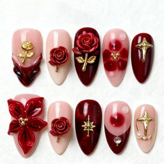 GCSQW valentines press-on nails with almond shape and rose design for elegant at-home manicure.