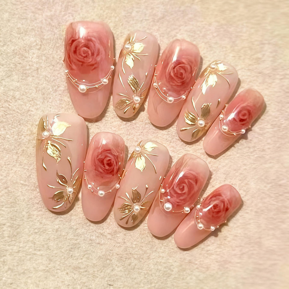 GCSQW Valentines press on nails in pink rose with gilded flowers for elegant at home manicures