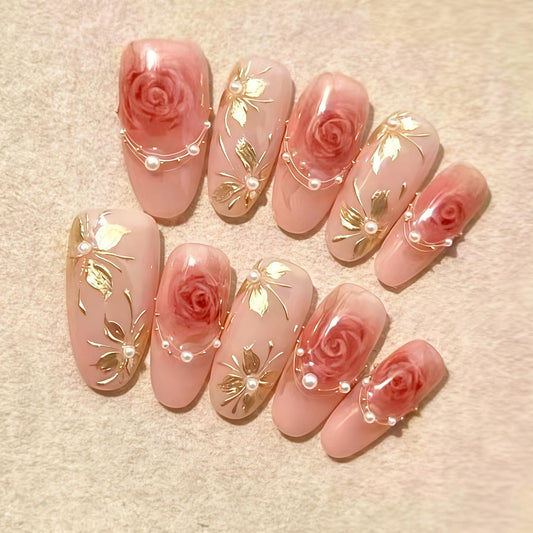 GCSQW Valentines press on nails in pink rose with gilded flowers for elegant at home manicures