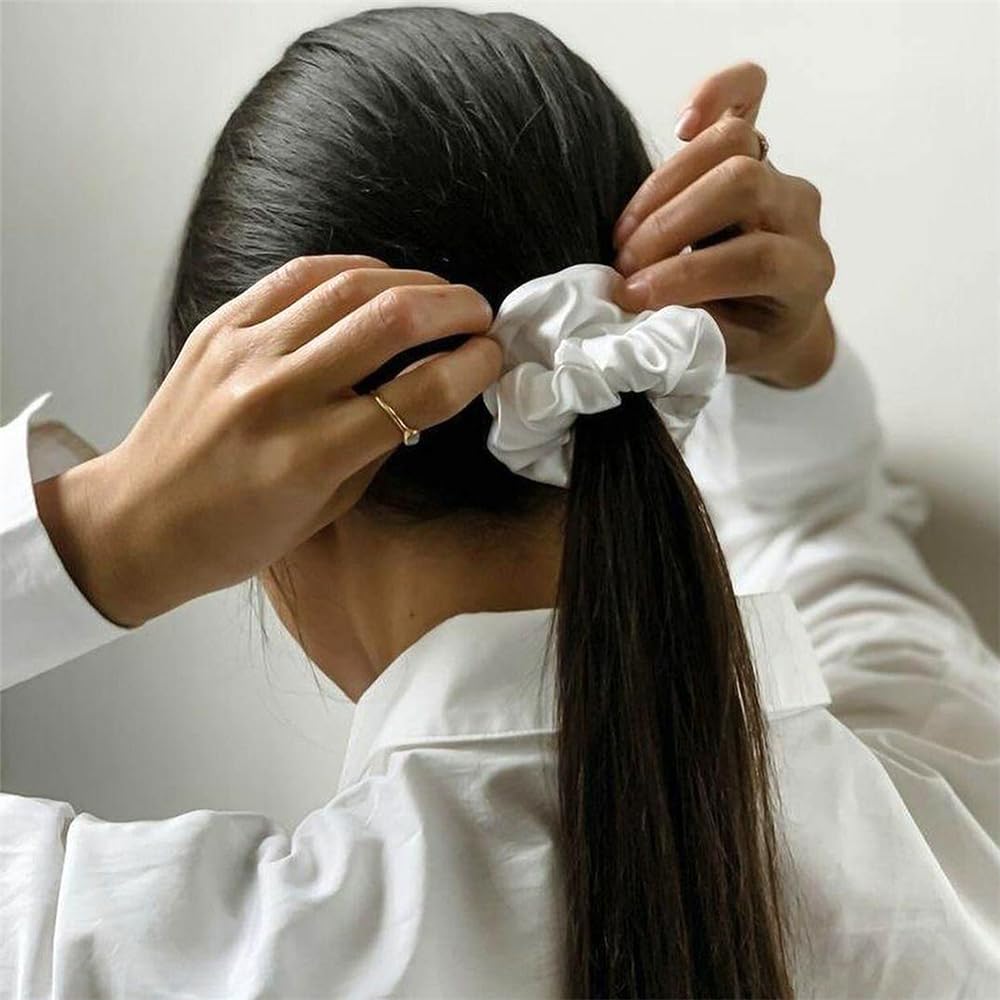 Gebelle satin silk scrunchies worn in a ponytail demonstrating versatile everyday style.