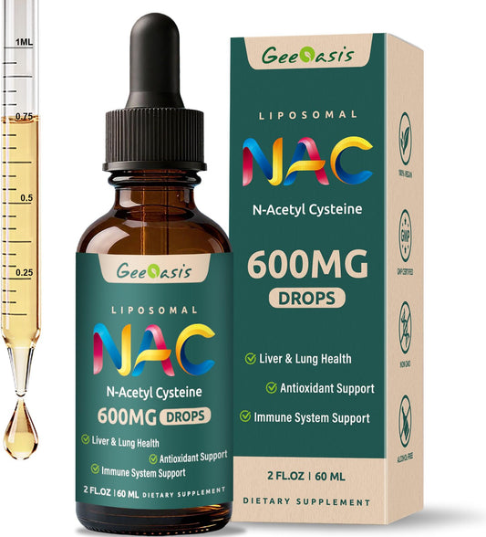 Geeoasis liposomal NAC drops bottle highlighting 600 mg and immune support