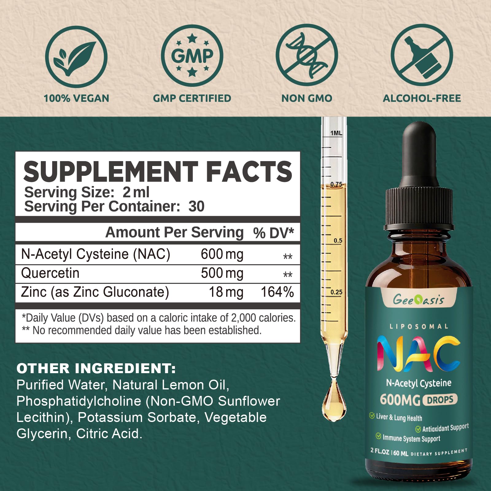 Close-up of NAC liquid dropper showing 600 mg per serving