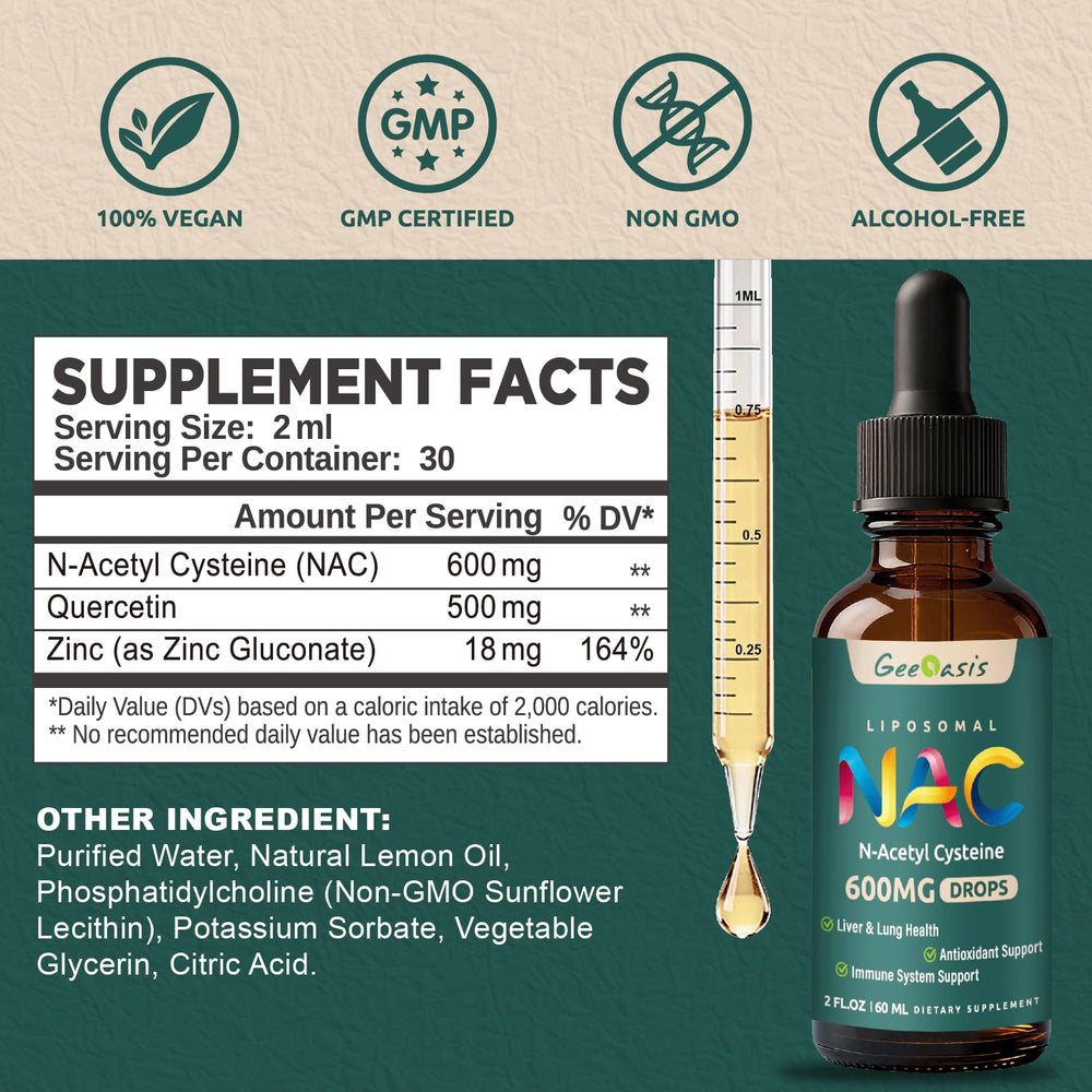Close-up of NAC liquid dropper showing 600 mg per serving